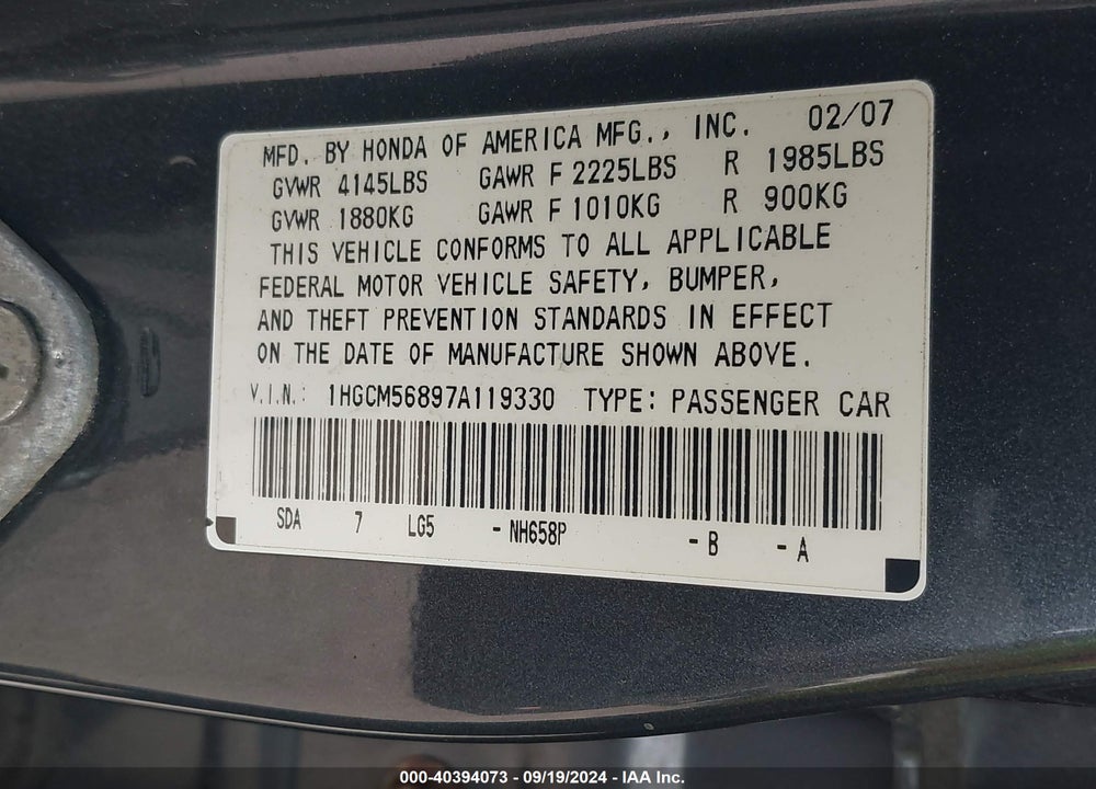 2007 HONDA ACCORD 2.4 EX VIN: 1HGCM56897A119330