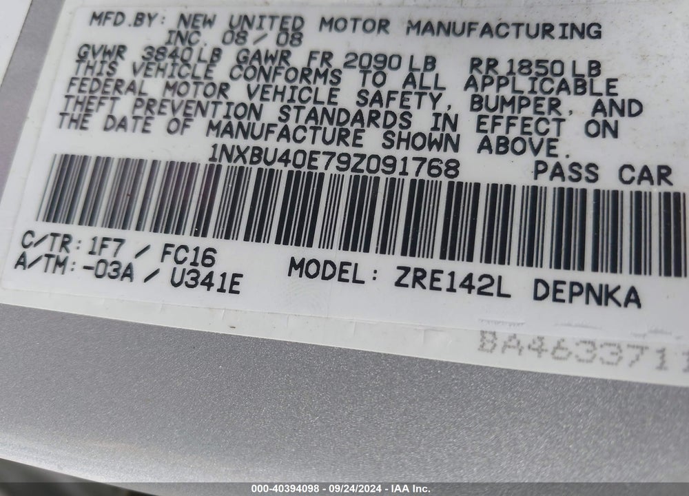 2009 TOYOTA COROLLA XLE VIN: 1NXBU40E79Z091768