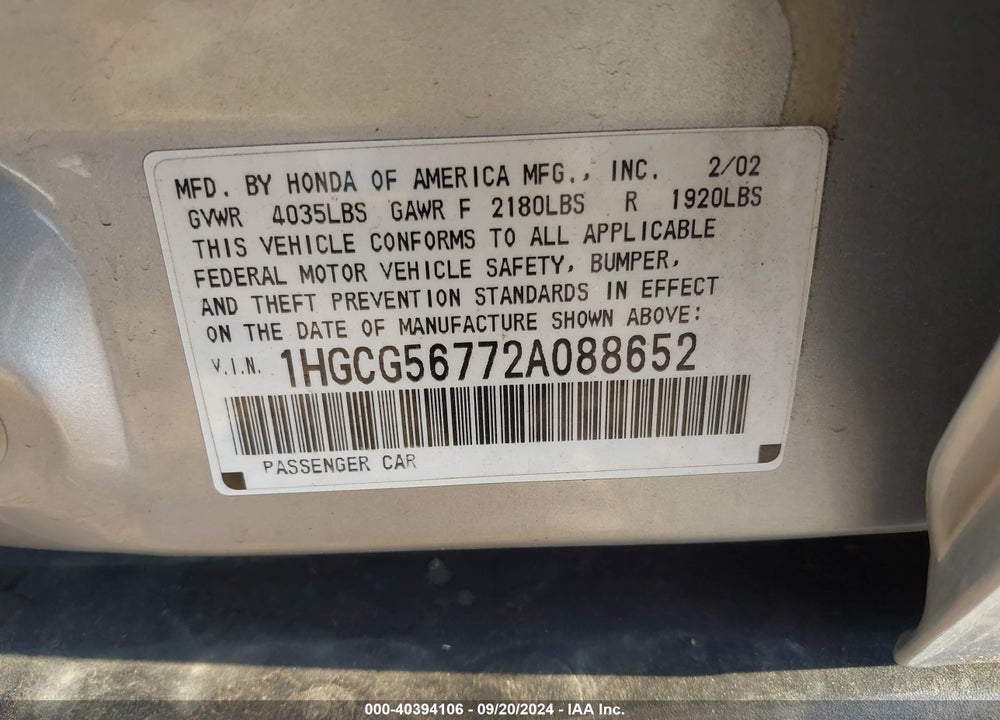 2002 HONDA ACCORD 2.3 SE VIN: 1HGCG56772A088652