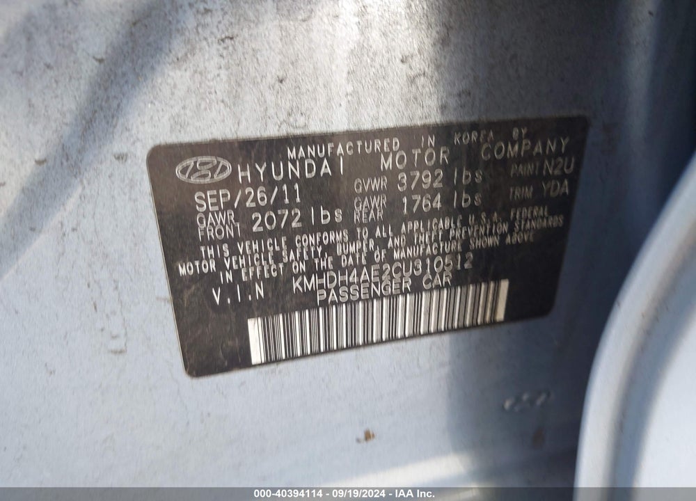 2012 HYUNDAI ELANTRA LIMITED (ULSAN PLANT) VIN: KMHDH4AE2CU310512