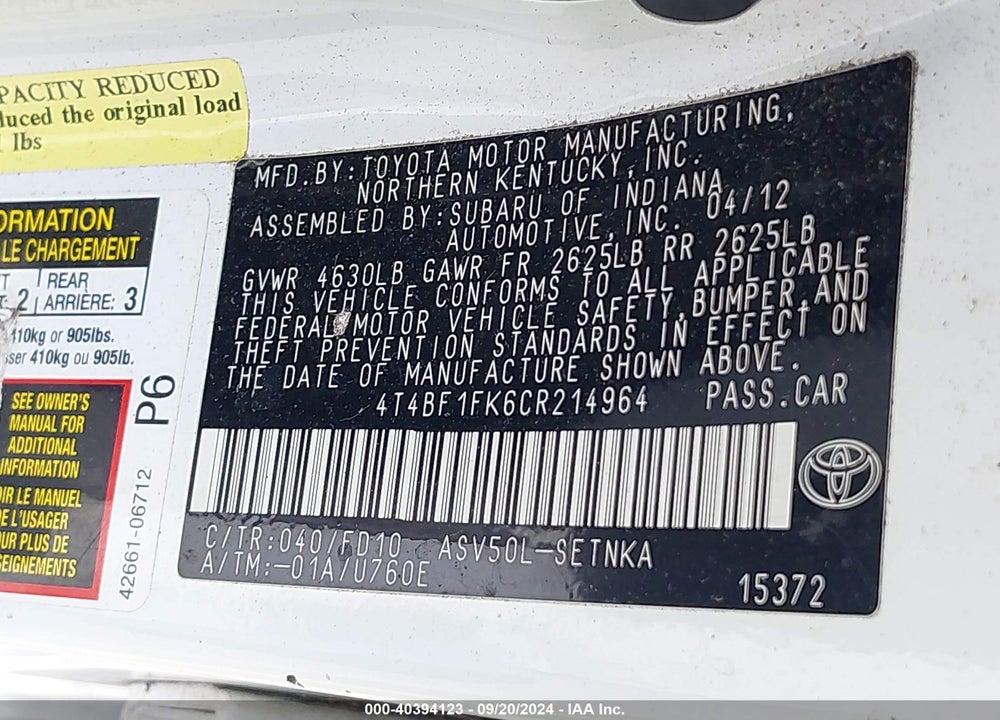 2012 TOYOTA CAMRY LE VIN: 4T4BF1FK6CR214964