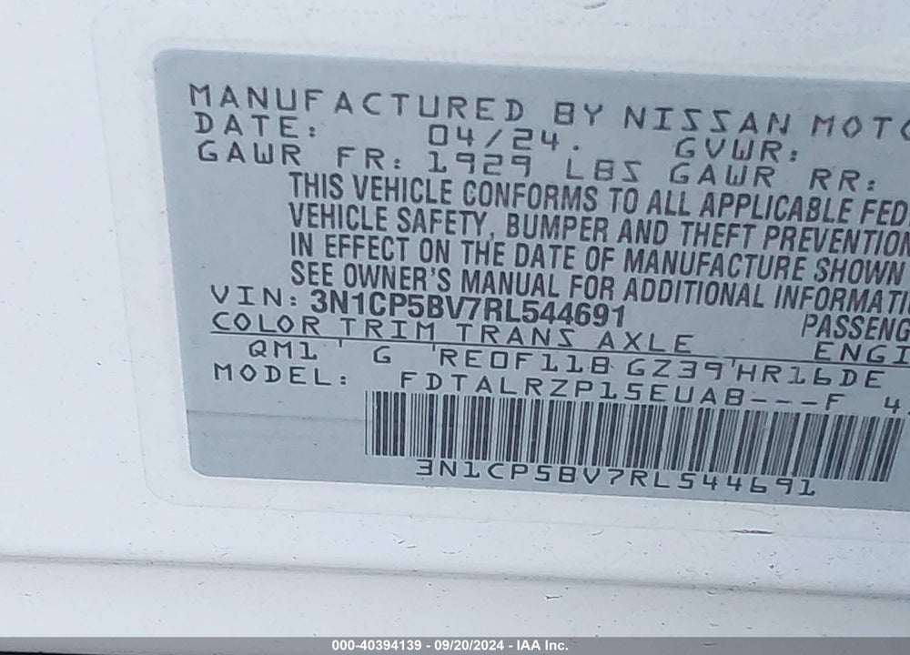2024 NISSAN KICKS S XTRONIC CVT VIN: 3N1CP5BV7RL544691
