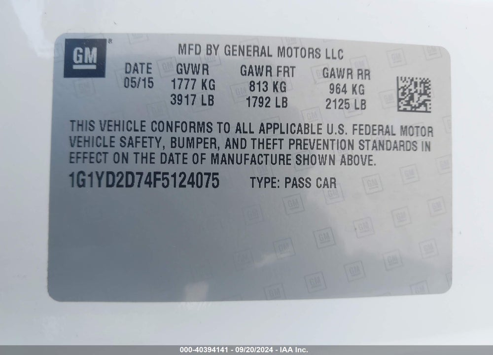 2015 CHEVROLET CORVETTE STINGRAY VIN: 1G1YD2D74F5124075