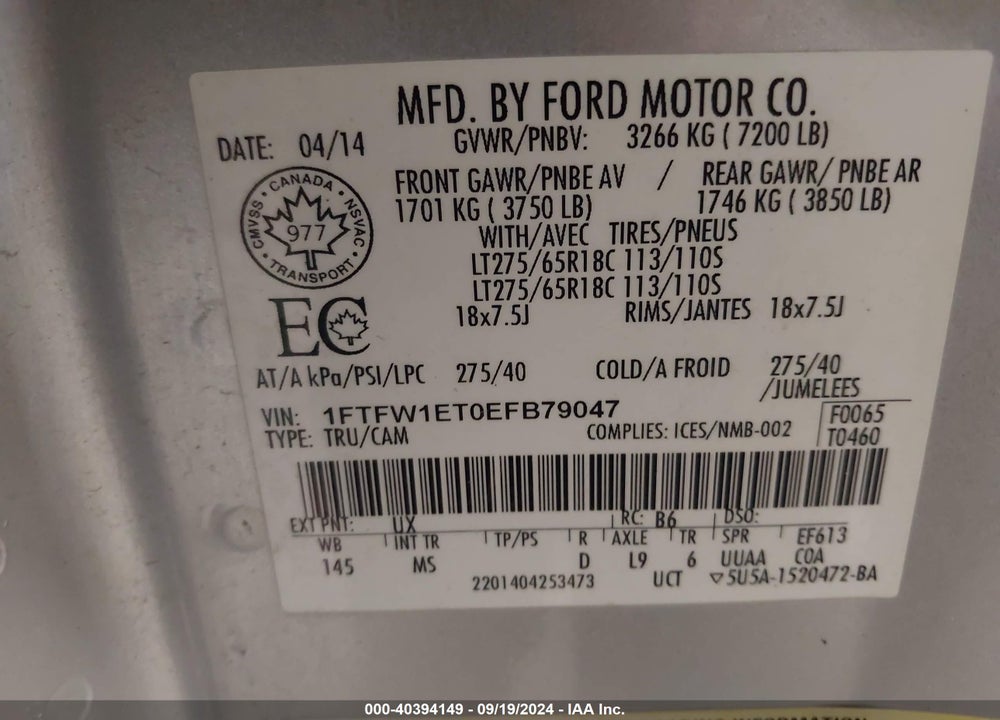 2014 FORD F-150 XLT VIN: 1FTFW1ET0EFB79047