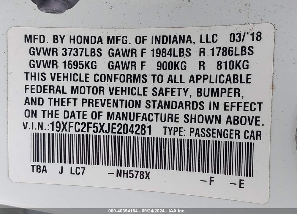 2018 HONDA CIVIC LX VIN: 19XFC2F5XJE204281