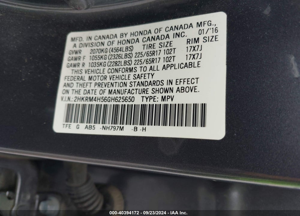 2016 HONDA CR-V EX VIN: 2HKRM4H56GH625650