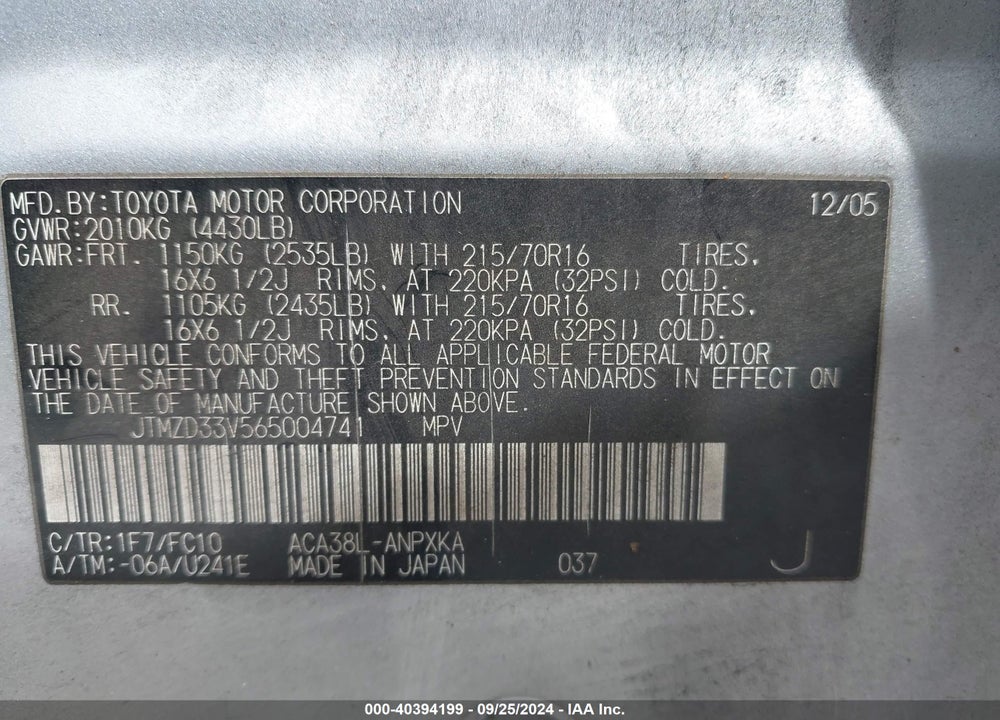 2006 TOYOTA RAV4 VIN: JTMZD33V565004741