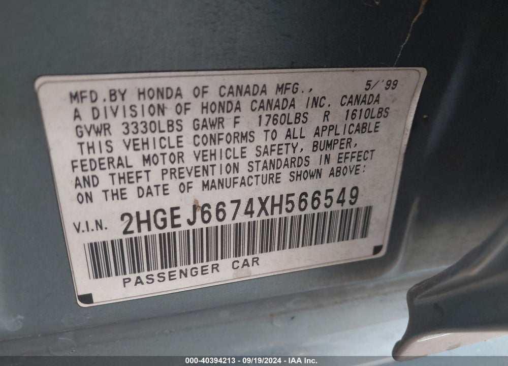 1999 HONDA CIVIC LX VIN: 2HGEJ6674XH566549
