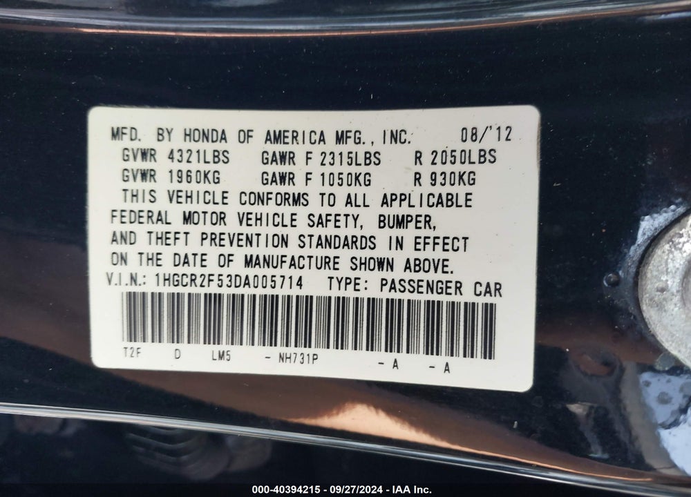 2013 HONDA ACCORD SPORT VIN: 1HGCR2F53DA005714