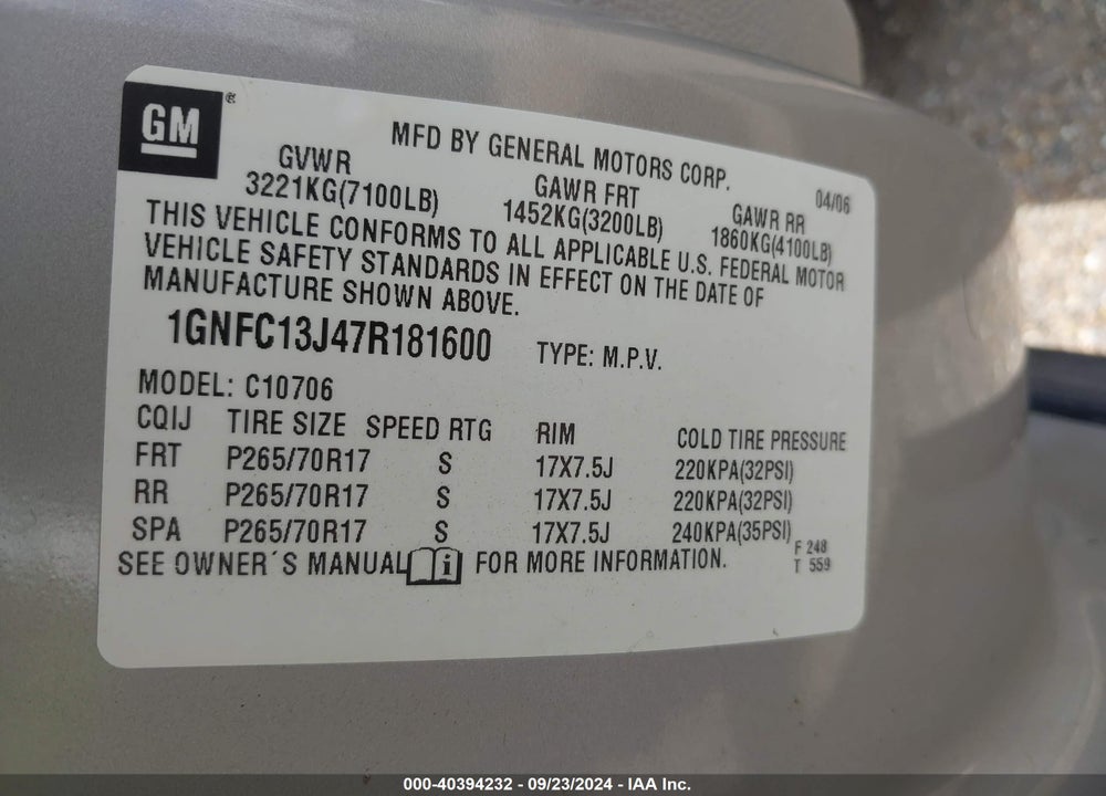 2007 CHEVROLET TAHOE LT VIN: 1GNFC13J47R181600