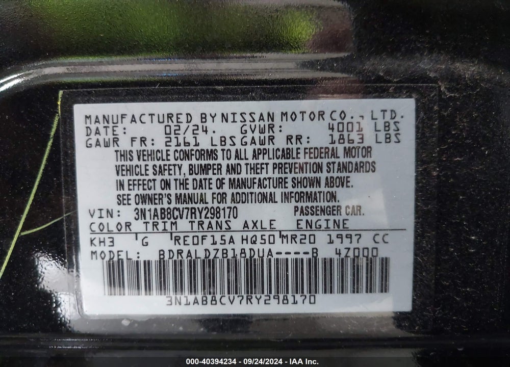 2024 NISSAN SENTRA SV XTRONIC CVT VIN: 3N1AB8CV7RY298170