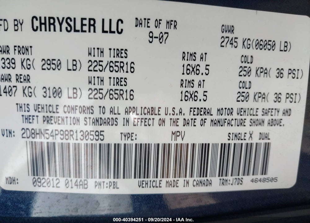 2008 DODGE GRAND CARAVAN SXT VIN: 2D8HN54P98R130595