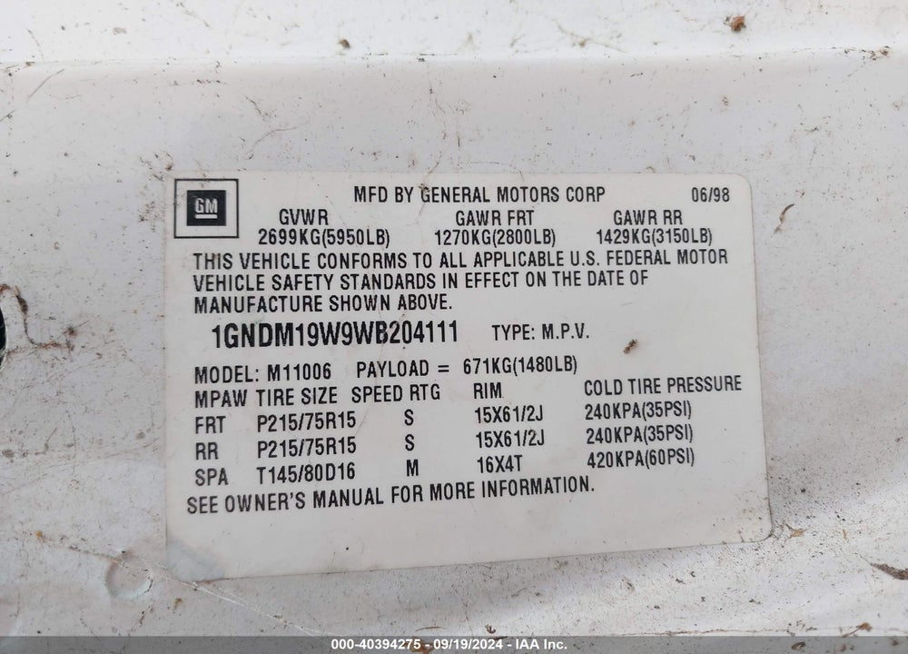 1998 CHEVROLET ASTRO VIN: 1GNDM19W9WB204111