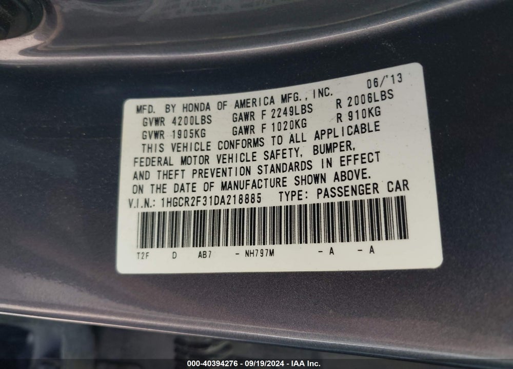 2013 HONDA ACCORD LX VIN: 1HGCR2F31DA218885