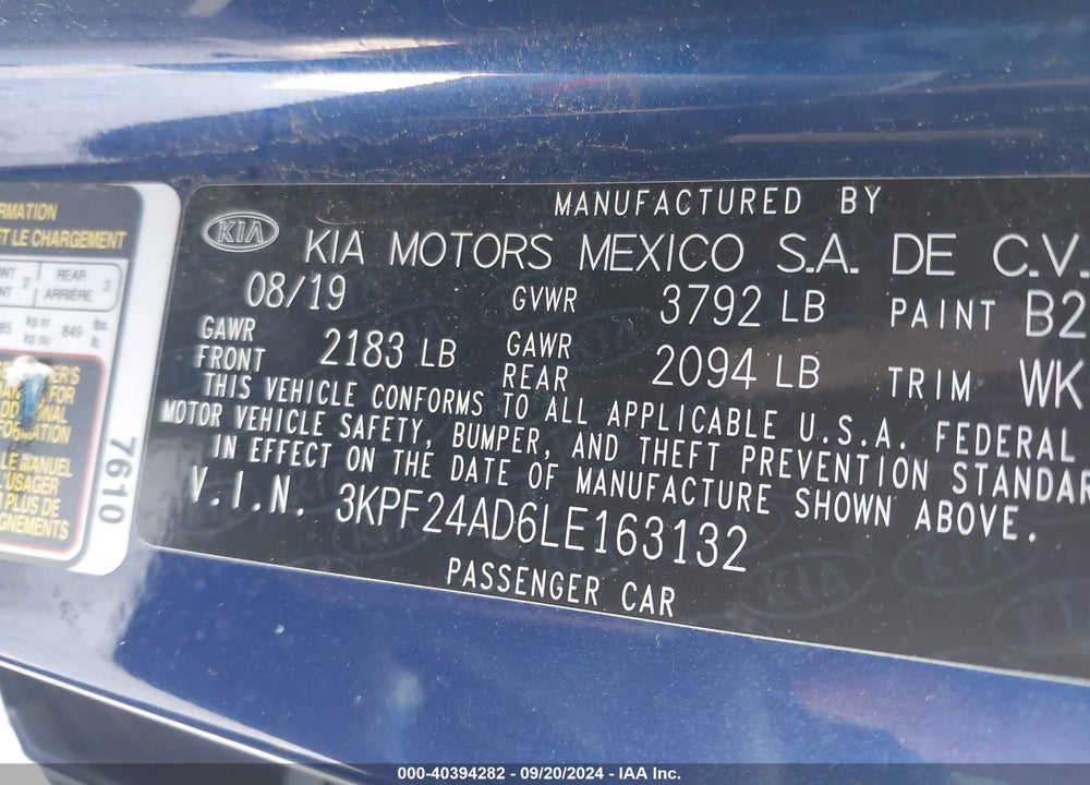 2020 KIA FORTE LXS VIN: 3KPF24AD6LE163132