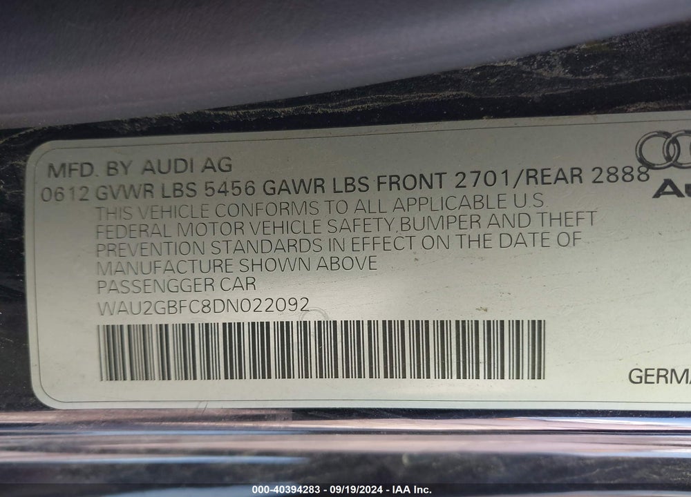 2013 AUDI A7 3.0T PREMIUM VIN: WAU2GBFC8DN022092