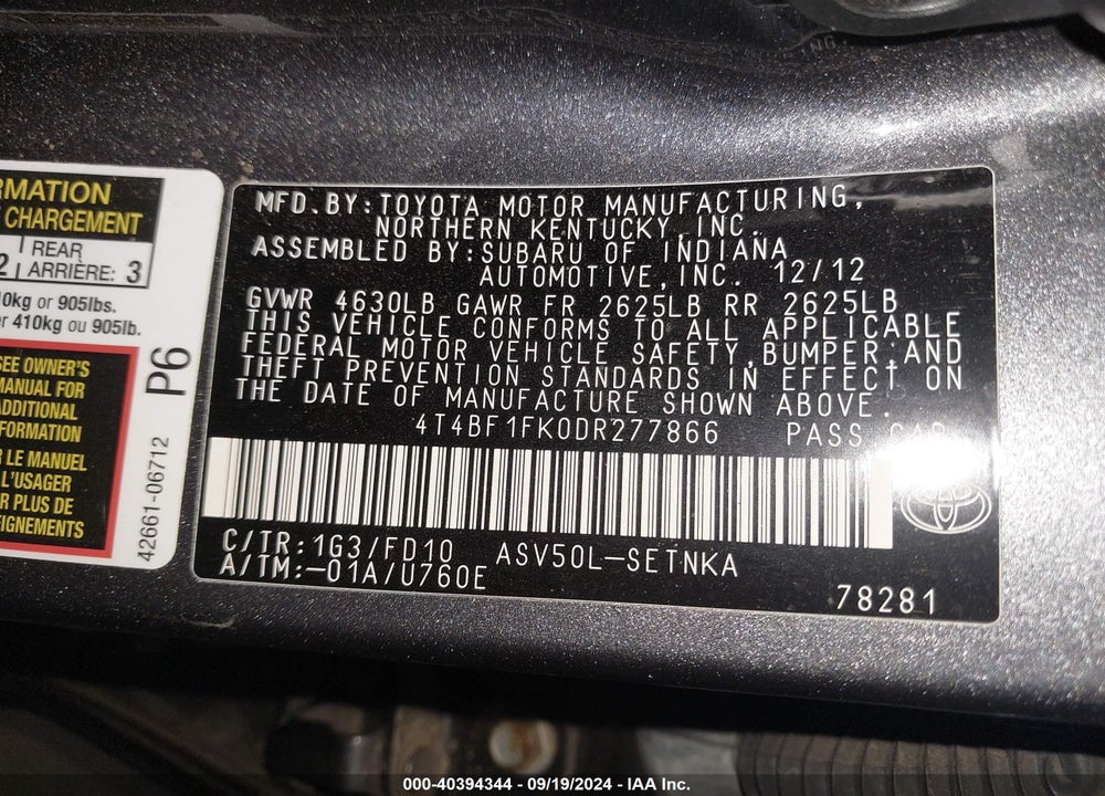 2013 TOYOTA CAMRY LE VIN: 4T4BF1FK0DR277866
