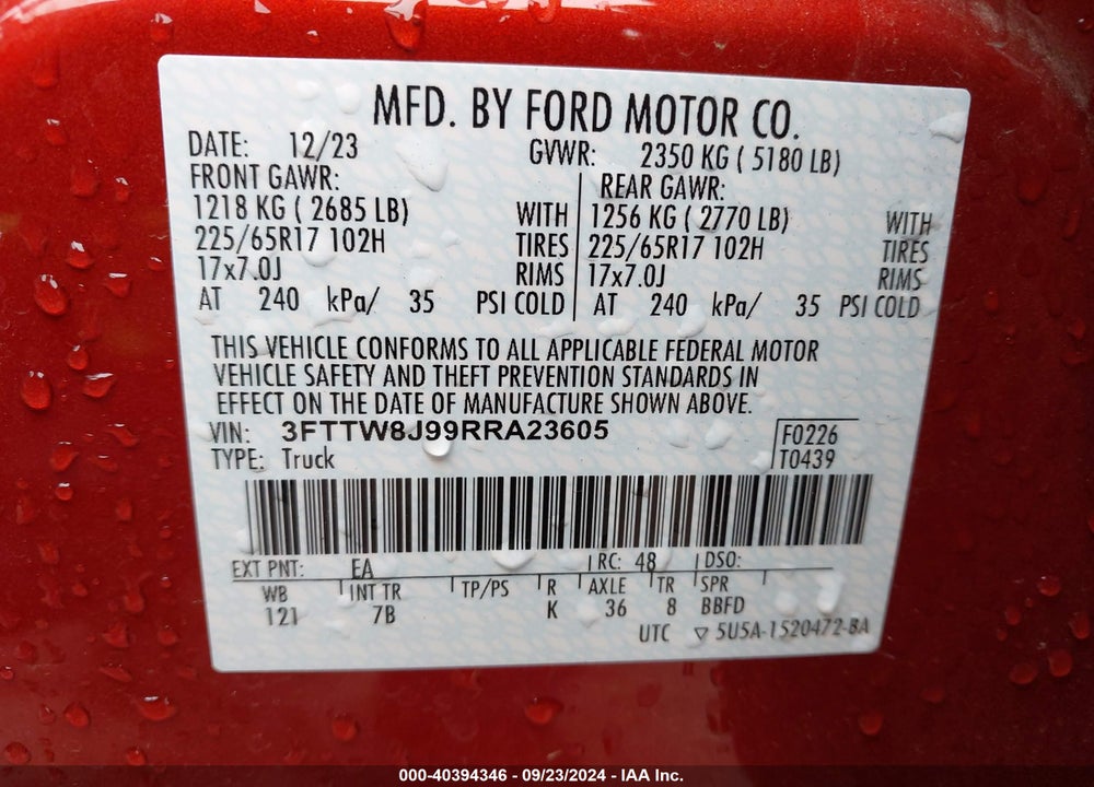 2024 FORD MAVERICK XLT VIN: 3FTTW8J99RRA23605
