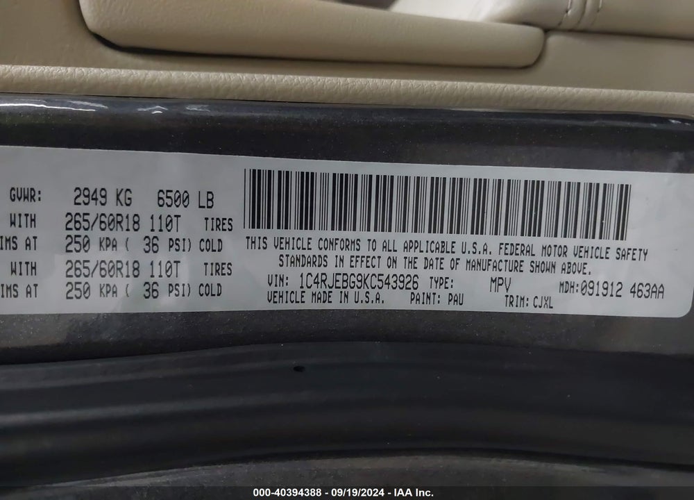 2019 JEEP GRAND CHEROKEE LIMITED 4X2 VIN: 1C4RJEBG9KC543926