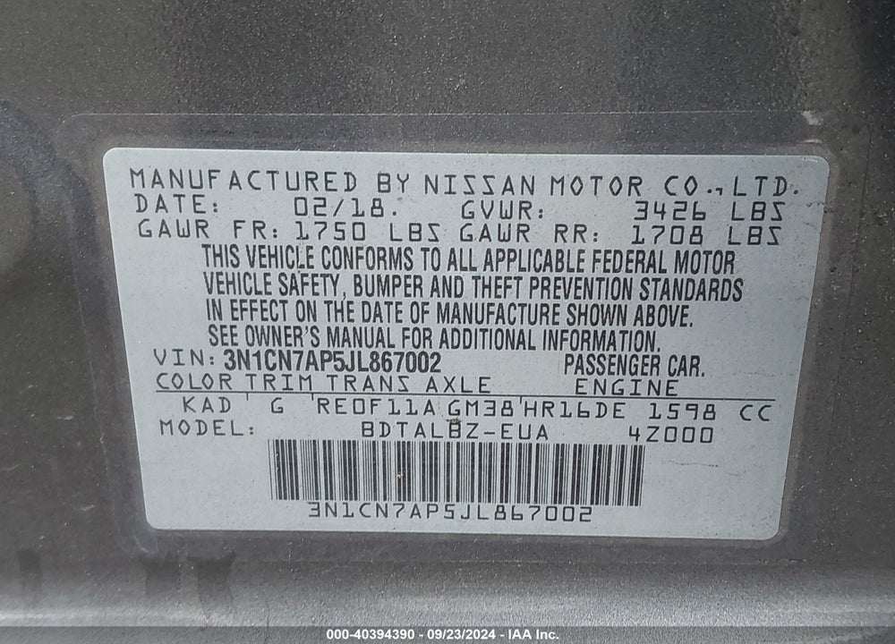 2018 NISSAN VERSA 1.6 SV VIN: 3N1CN7AP5JL867002
