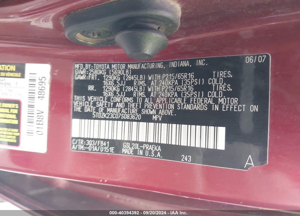 2007 TOYOTA SIENNA VIN: 5TDZK23C07S083620