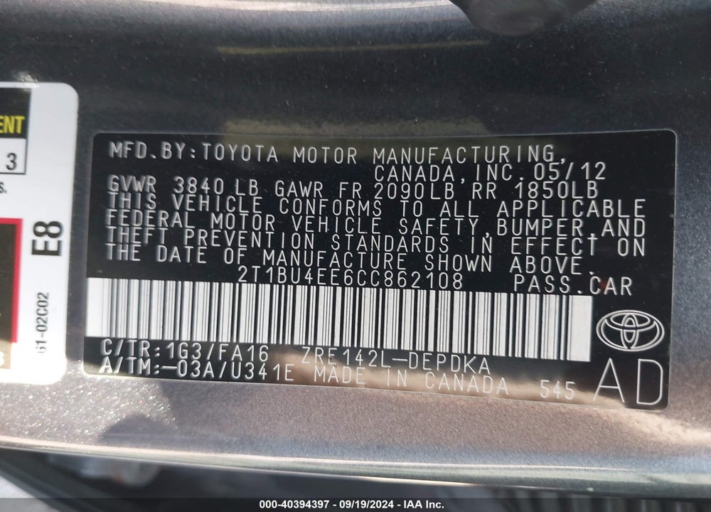 2012 TOYOTA COROLLA L VIN: 2T1BU4EE6CC862108