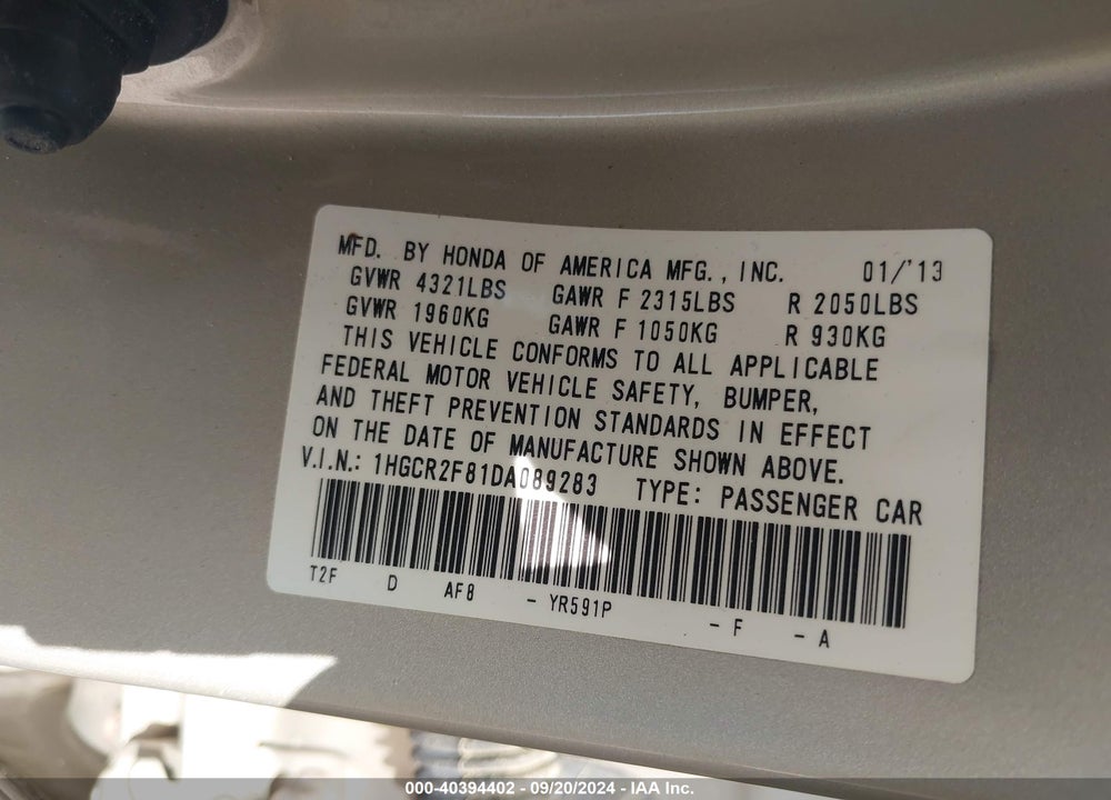 2013 HONDA ACCORD EX-L VIN: 1HGCR2F81DA089283