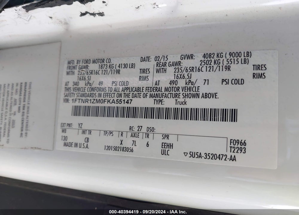 2015 FORD TRANSIT-250 VIN: 1FTNR1ZM0FKA55147