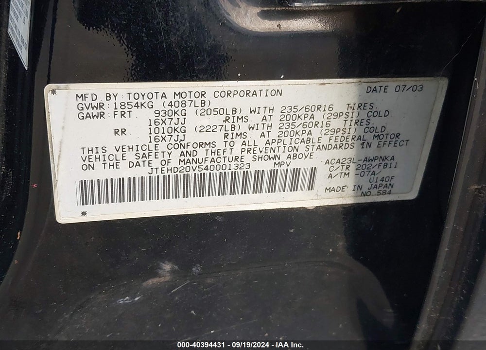 2004 TOYOTA RAV4 VIN: JTEHD20V540001323