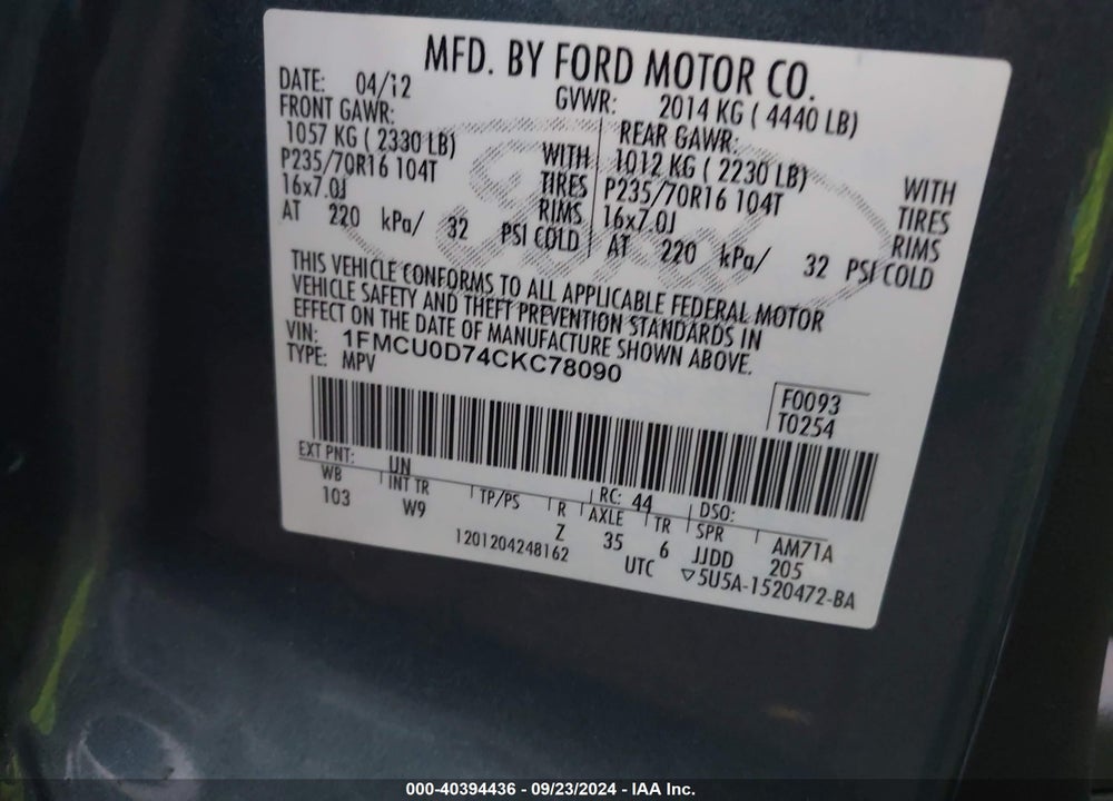 2012 FORD ESCAPE XLT VIN: 1FMCU0D74CKC78090