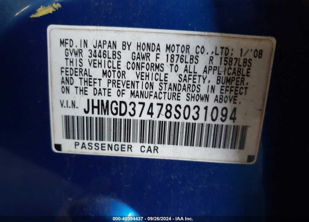 2008 HONDA FIT VIN: JHMGD37478S031094