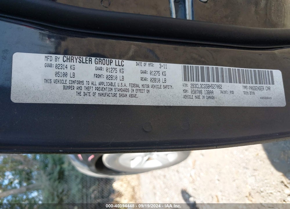 2011 DODGE CHARGER VIN: 2B3CL3CG5BH527062