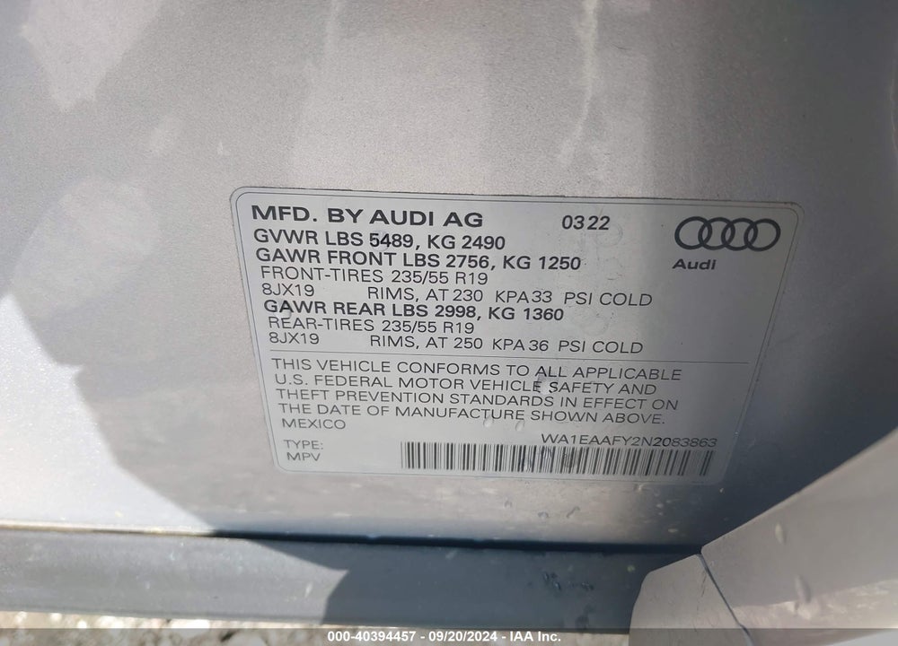 2022 AUDI Q5 PREMIUM PLUS 45 TFSI S LINE QUATTRO S TRONIC VIN: WA1EAAFY2N2083863