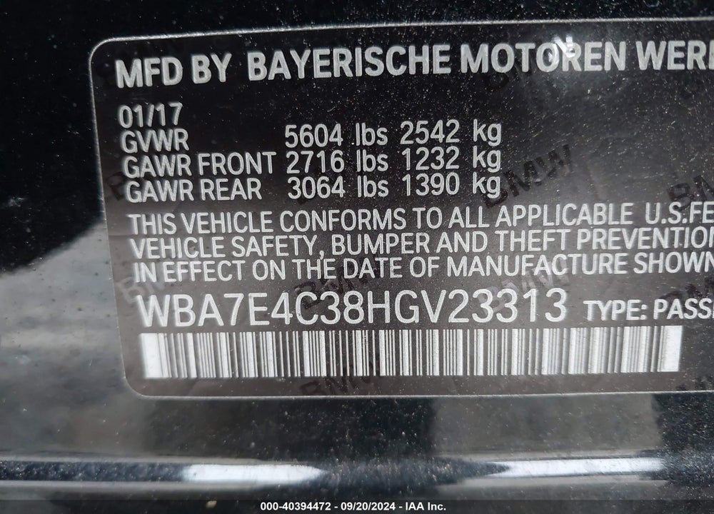 2017 BMW 740I XDRIVE VIN: WBA7E4C38HGV23313