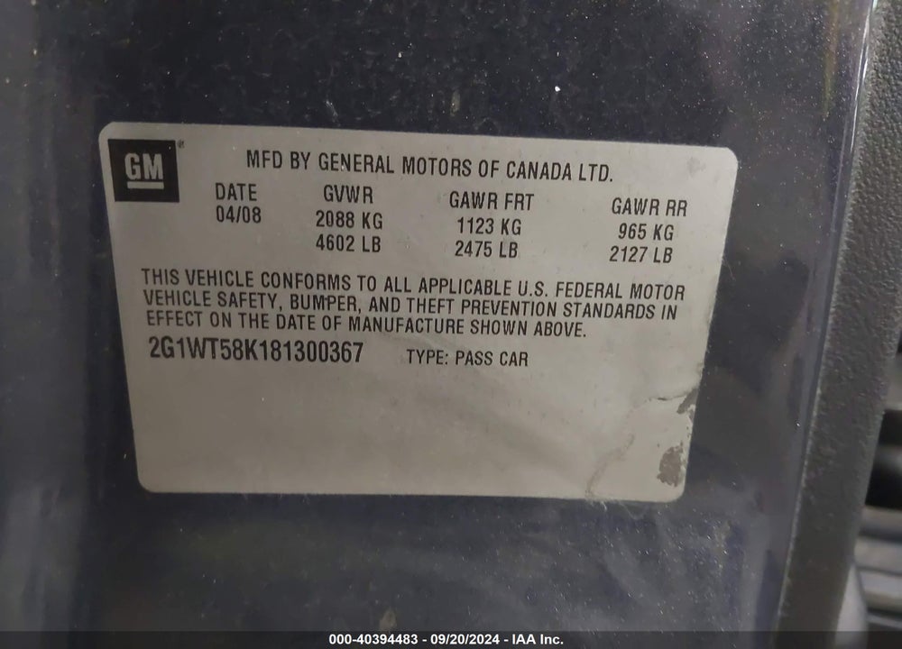 2008 CHEVROLET IMPALA LT VIN: 2G1WT58K181300367