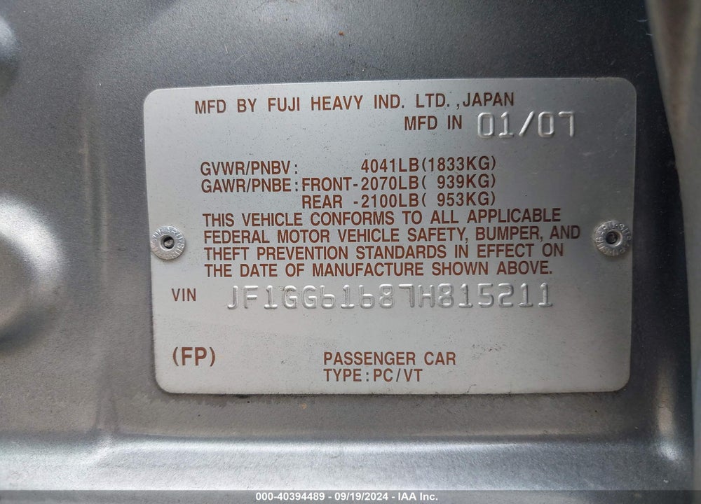 2007 SUBARU IMPREZA 2.5I VIN: JF1GG61687H815211