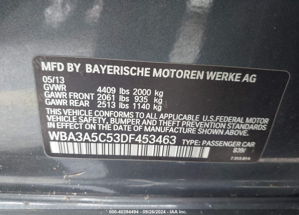 2013 BMW 328I VIN: WBA3A5C53DF453463