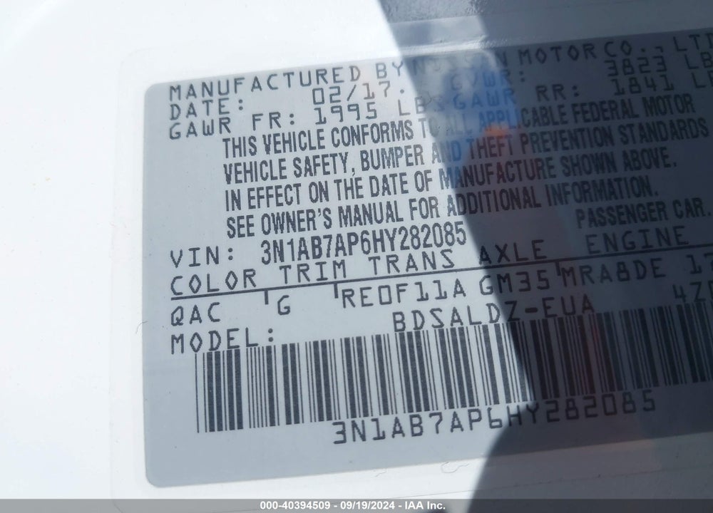 2017 NISSAN SENTRA SV VIN: 3N1AB7AP6HY282085