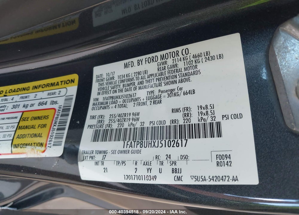 2018 FORD MUSTANG ECOBOOST VIN: 1FATP8UHXJ5102617