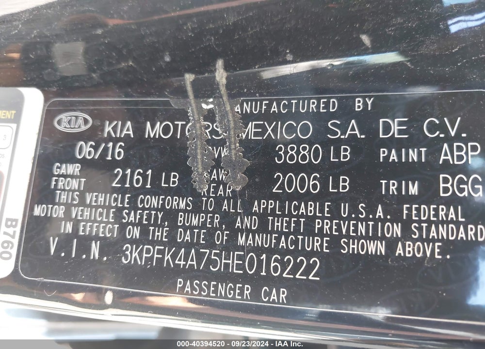 2017 KIA FORTE LX VIN: 3KPFK4A75HE016222