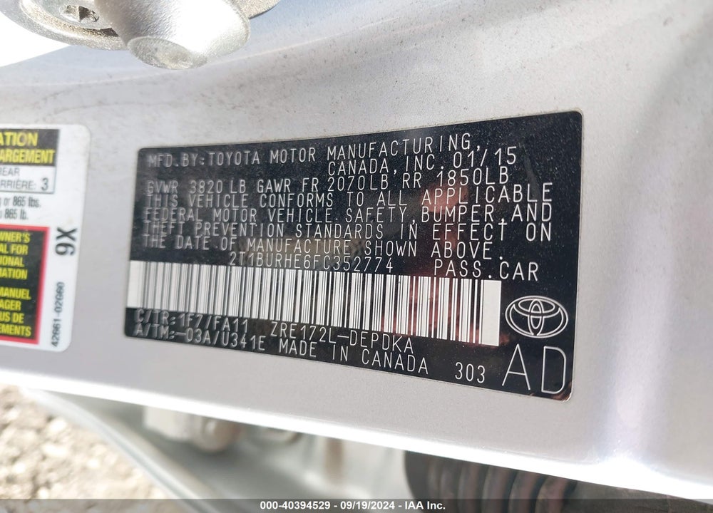 2015 TOYOTA COROLLA L VIN: 2T1BURHE6FC352774