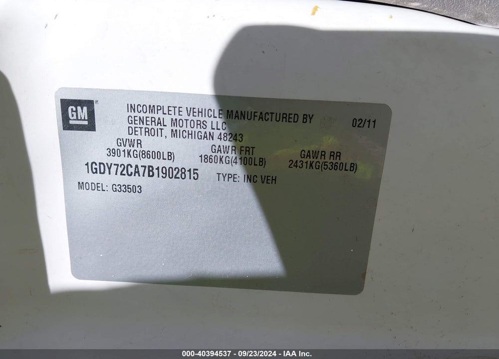 2011 GMC SAVANA CUTAWAY WORK VAN VIN: 1GDY72CA7B1902815