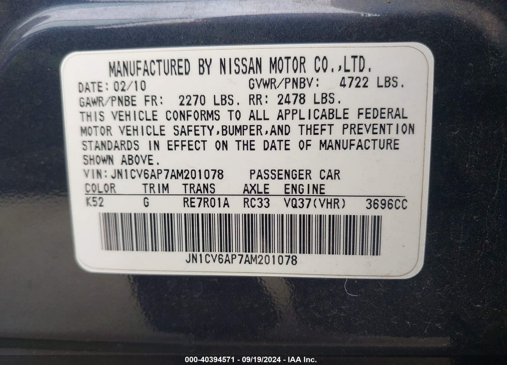 2010 INFINITI G37 JOURNEY VIN: JN1CV6AP7AM201078