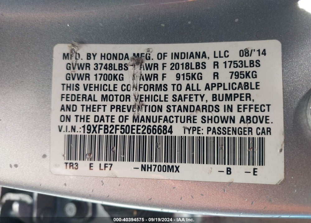 2014 HONDA CIVIC LX VIN: 19XFB2F50EE266684