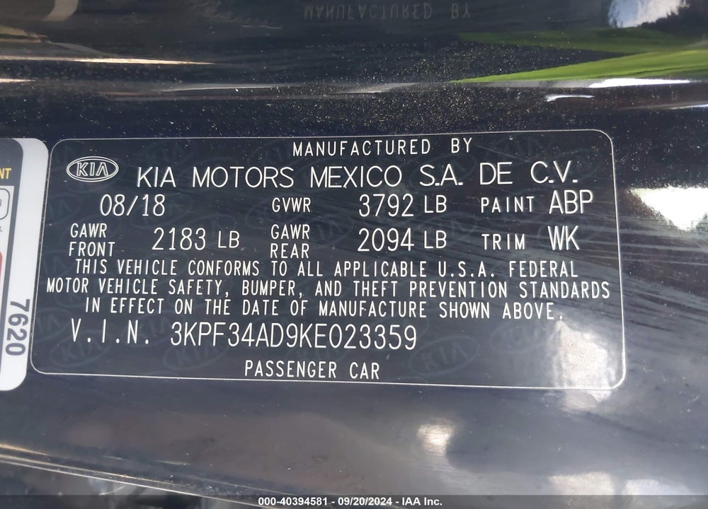 2019 KIA FORTE S VIN: 3KPF34AD9KE023359