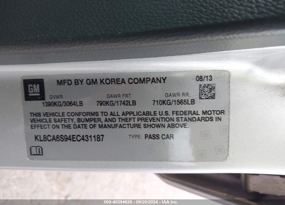 2014 CHEVROLET SPARK LS MANUAL VIN: KL8CA6S94EC431187