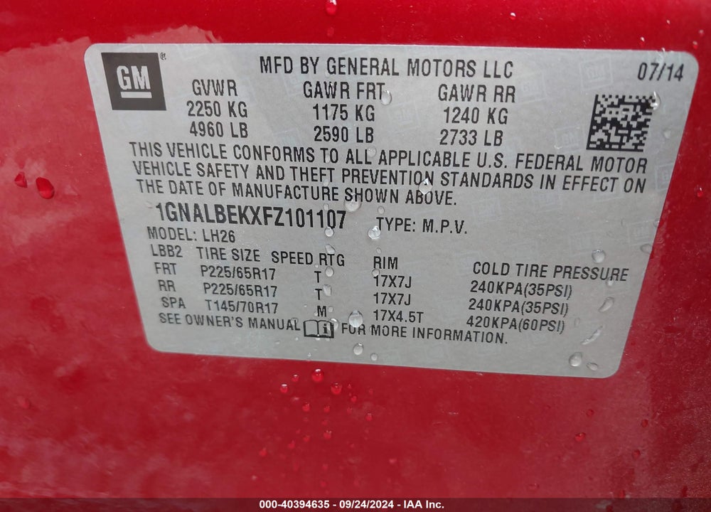 2015 CHEVROLET EQUINOX 1LT VIN: 1GNALBEKXFZ101107