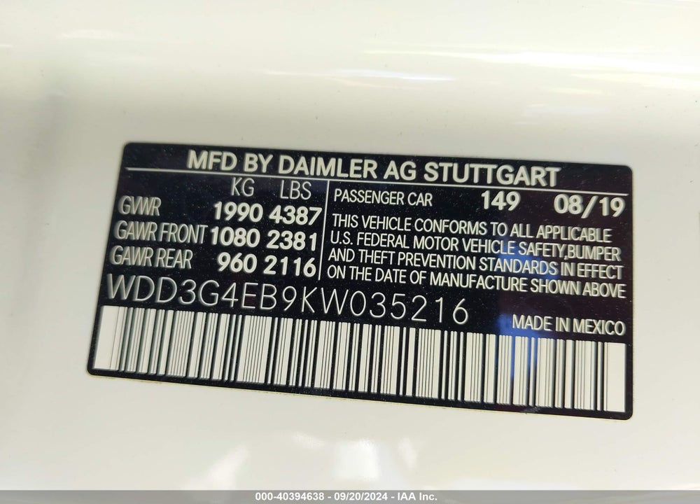 2019 MERCEDES-BENZ A 220 VIN: WDD3G4EB9KW035216