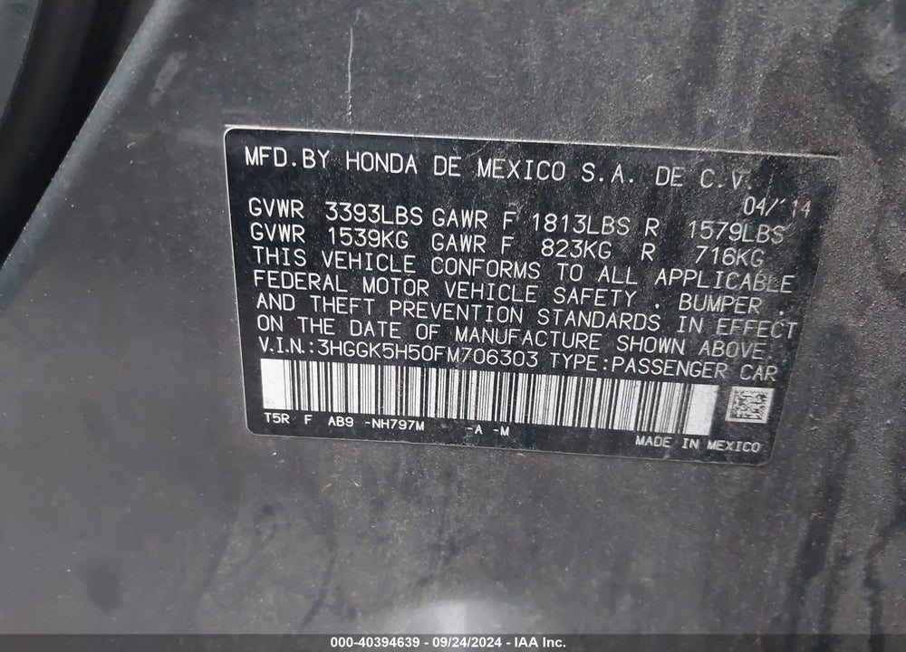 2015 HONDA FIT LX VIN: 3HGGK5H50FM706303