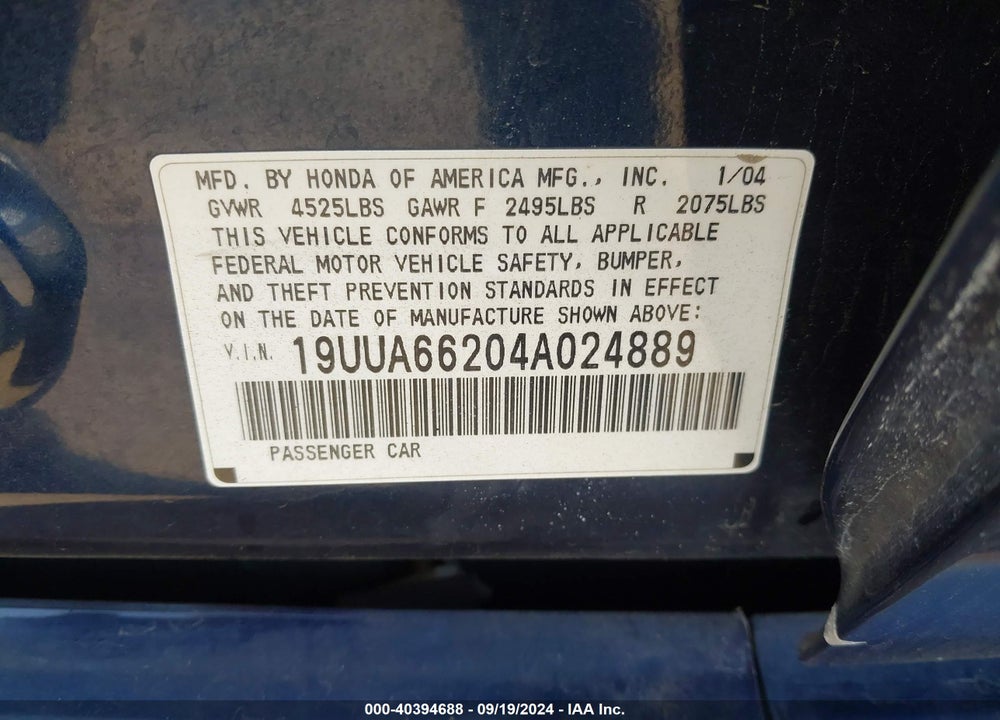 2004 ACURA TL VIN: 19UUA66204A024889